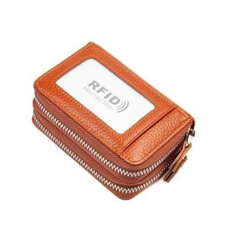 RFID Блокировка Мода Женщины Держатель карты Подлинная кожа Двойная молния Большая емкость Женский к